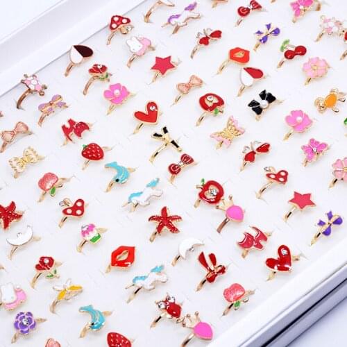 100pcs Children ring Mixed Flower Animal Diamante Mix Styles Colorful Crystal Adjustable Rings Baby Kids Girls Party Gifts