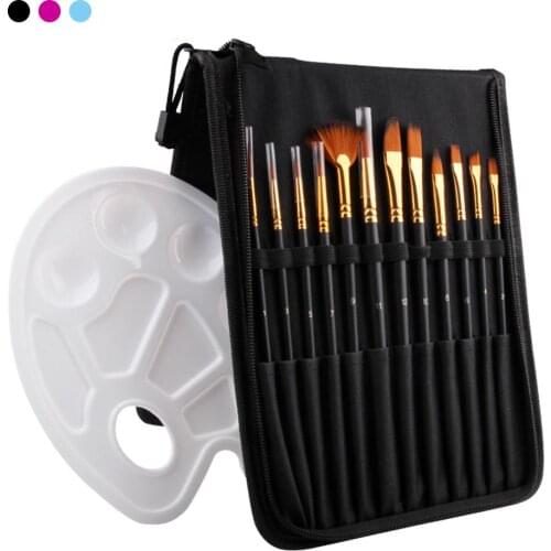 12Pcs Paintbrush + Palette Watercolor Gouache Oil Painting Brush Pen with Bag