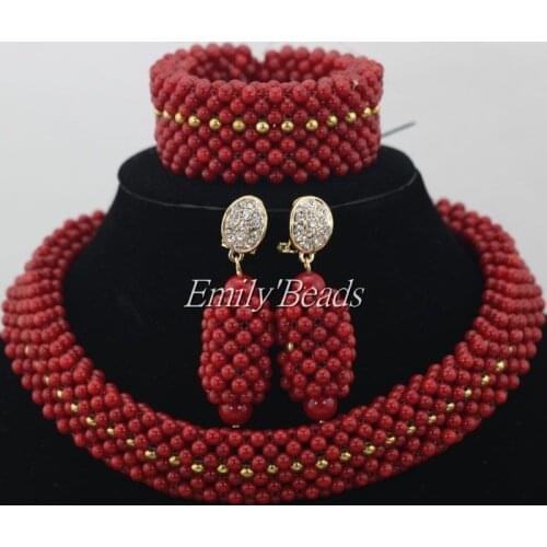 2016 Handmade African Beads Jewelry Sets Nigeria Wedding Red Coral Beads Jewelry Sets Bridal Jewelry Sets Free Shipping CJ445