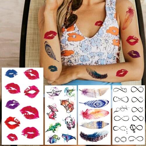 Watercolor Lips Fake Temporary Tattoo For Kids Children Women Cute Animal Fake Tattoos Sticker Finger Ear Feather Endless Tatoos