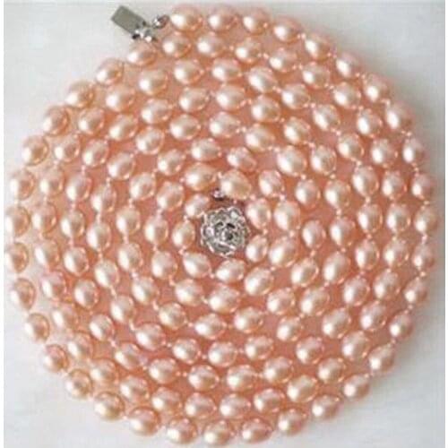 7-8mm genuine natural pink freshwater cultured pearl beads necklace barrel rice shape engagement long chain gift 50inch MY5008
