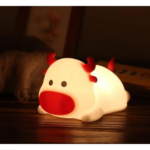 DC 5V LED Kids Night Light USB Touch Sensor Rechargeable Cartoon Cow Silicone Night Lamp for Children Kids Bedroom Bedside Light