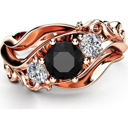 Fashion Rose Flower Rings Black Stone with White Crystal Jewelry Rose Gold Color Rings For Women Wedding Anniversary Party Gifts
