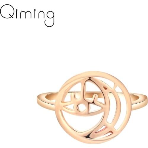 Gothic Crescent Moon Eye Rings for Women Trendy Round Circle Ring Female Party Birthday Jewelry Handmade Copper Bijoux