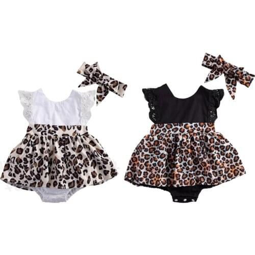 0-24M Newborn Baby Girl Romper Dress Summer Lace Short Sleeve Leopard Ruffle Tutu Dress+Headband Cute Baby Clothes