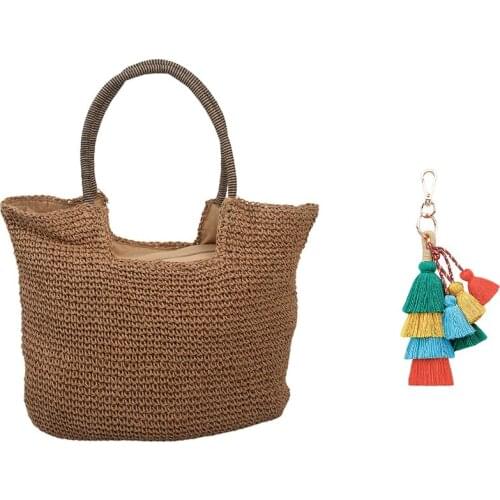 Round Straw Bag Beach Rattan Women Handbag Totes Ladies Knitted & Boho Key Chain Multilayer Tassel Pendant