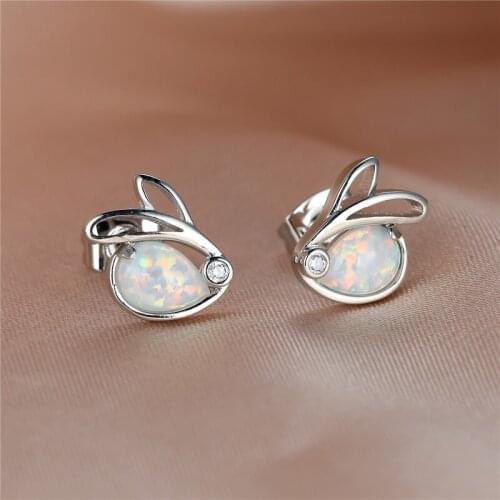 Cute Small Rabbit Stud Earrings White Blue Opal CZ Stone Earrings Vintage Silver Color Wedding Earrings For Women Animal Jewelry