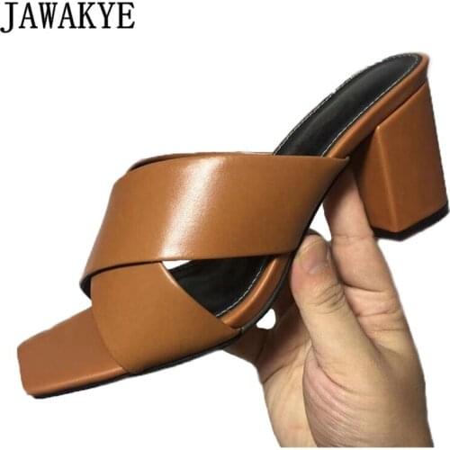 New High Heels Mules Party Slippers Women Brand Cross Matte Leather Summer Shoes Square Toe Criss Gladiator Sandals Plus Size
