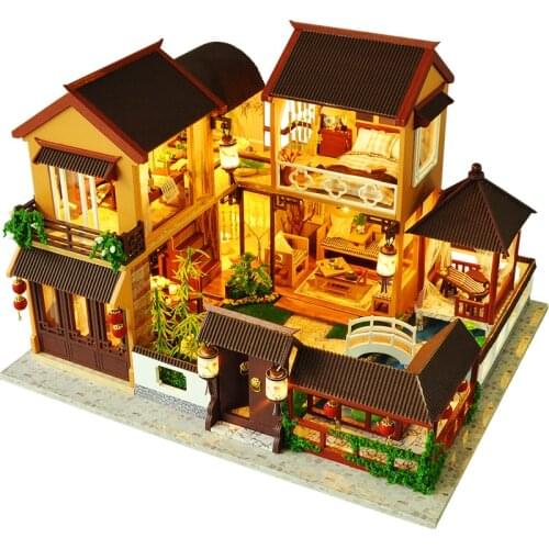 DIY Wooden Dollhouse Kit Miniature with Furniture Accessories Villa Doll House Chinese Cottage Casa Toys for Girls Xmas Gifts