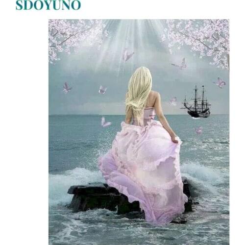 SDOYUNO Paint By Numbers Kits On Canvas Figure DIY Frame 60x75cm Oil Painting By Numbers Seascape Scenery Hand Painting Decor
