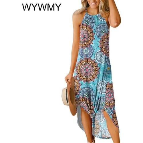 Summer Elegant Beach Dress Women Print Flowers Lady Halter Neck Boho Vintage Party Asymmetric Long Dresses Loose Casual Fashion