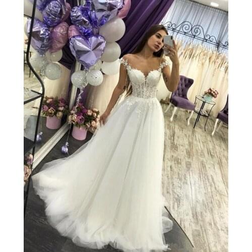 Beach Boho Wedding Dresses 2020 Lace Floral Sheer Neck Cap Sleeve Plus Size Cheap Bohemian Bridal Dress White Tulle