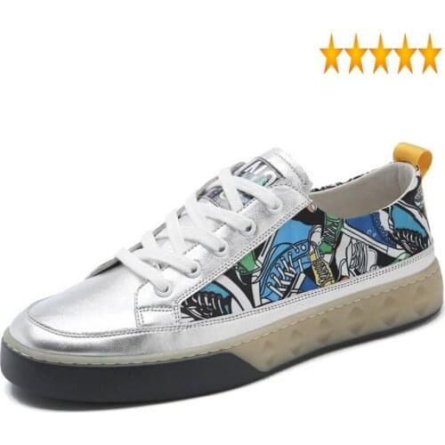 Casual Fashion Mens Summer Flats Leather Man Graffiti Printed High Street Footwear Lace Up Low Cut Sneakers Joggers Shoes