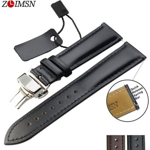 ZLIMSN Smooth Genuine Leather Watchband Replacement Black Wrist 20mm 22mm 24mm Men Watch Band Strap Belt Stainless Steel Buckle