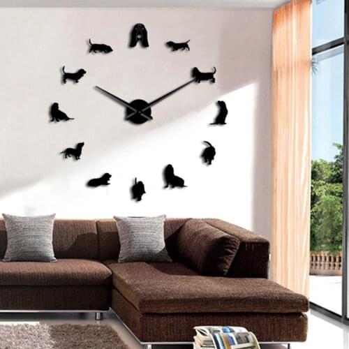 110cmX110cm new modern design large wall clock sticker dog mirror horologe quartz silent klok decoration living room home watch