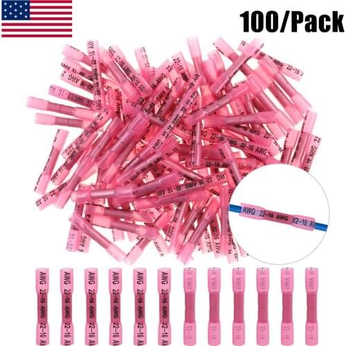 100PCS Heat Shrink Butt Wire Connectors Red Waterproof Insulated Automobile Wire Cable Terminals AWG 22-18 0.5-1.5mm2