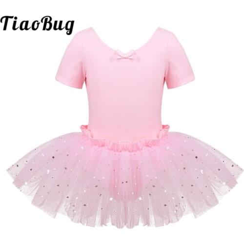 TiaoBug Kids Girls Short Sleeves Shiny Stars Sequins Mesh Children Professional Ballet Tutu Leotard Dress Stage Dance Costume