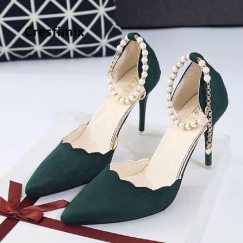 Women fashion pointed toe 7cm high heel shoes lady sexy red wedding high heels with pearl deco female party shoes