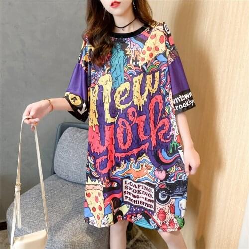 Streetwear Oversize T-shirts Womens Summer Short Sleeve Loose Tops Vintage Graffiti Print Long T-Shirt Plus Size TShirt Tees