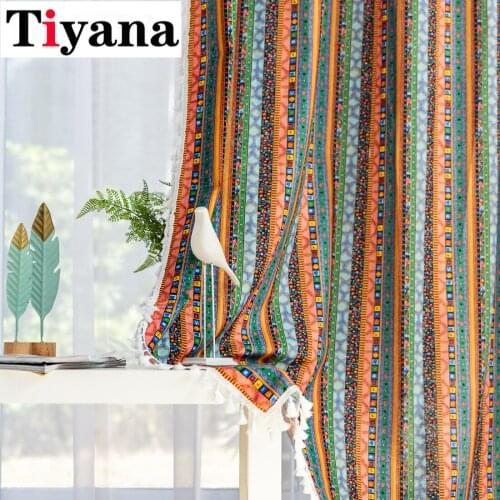 Japanese Style Red Geometric Bohemian Striped Tassel Linen Curtains Partition Sliding Door Drapes Panel Window Decoration JK101D