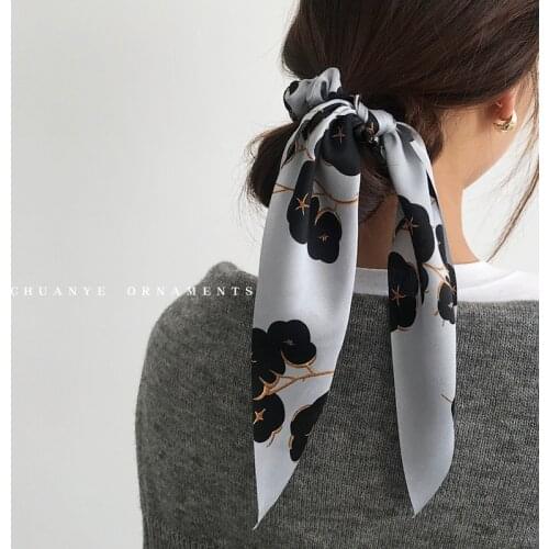 Temperament pattern ribbon bow knot hair rope Korean silk scarf headband tying hair headdress hair ring horsetail head rope