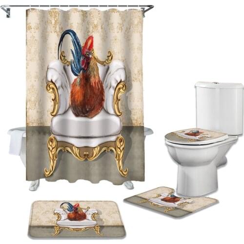 Chicken Sitting On Sofa Retro Vintage Shower Curtains Set Bath Mat Set Toilet Cover Bathroom Accessories Bathroom Rug Set