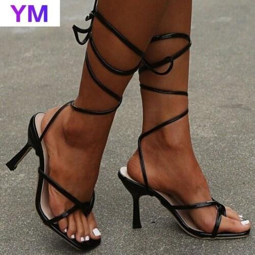 Summer 2021 Women Sandals Narrow Band Vintage Square Toe High Heels Cross Strap Thong V Shape Design Shoes 10CM Thin Heel 35-43