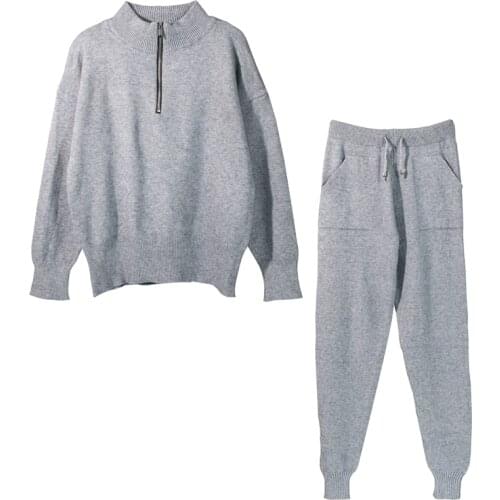 2 Pieces Set Women Knitted Tracksuit Stand Collar Sweater + Jogging Pants Pullover Sweater Set Casual Knitted Outerwear 2021