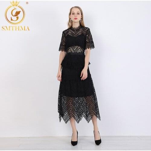 SMTHMA New arrive Womens black Lace short Sleeve Summer Dress Sexy hollow Maxi Long Dress vestidos Womens Self Portrait Dress