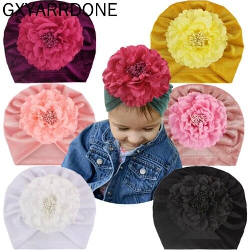 Winter Flower Hat Knitted Velvet Beanie Cap Baby Girl Boy Hat Newborn Baby Turban Elastic Kids Toddler Hat Cap Accessories