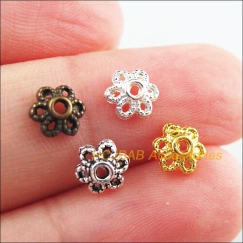 200Pcs Retro Tibetan Silver Bronze Gold Silver Color Flower Spacer End Beads Charms 6mm