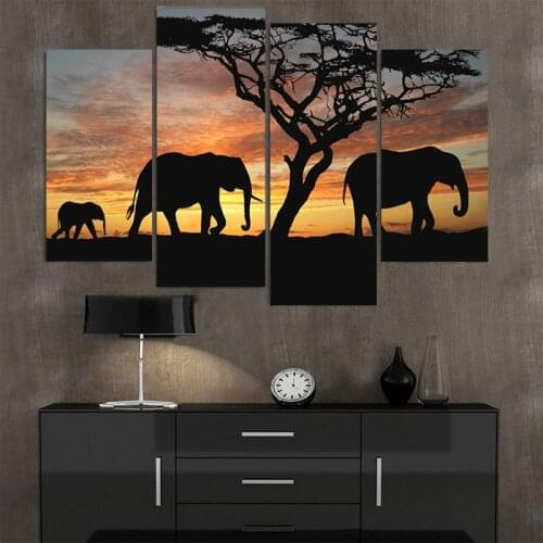 4PCS Sunset Elephant Picture on Canvas HD Retro Art Painting Poster Printed on The Wall Living Room Home Decoration Frameless