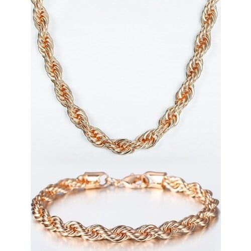 5/6mm 585 Rose Gold Jewelry Sets For Women Men Twisted Rope Link Chain Necklace Bracelets Sets Party Wedding CS19