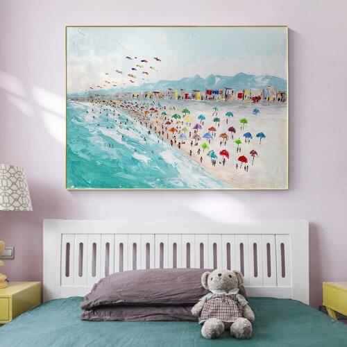 Abstract People Play On The Beach Swim In Blue Sea Oil Painting 100% Hand Painted On Canvas Landscape Wall Art For Home Decor