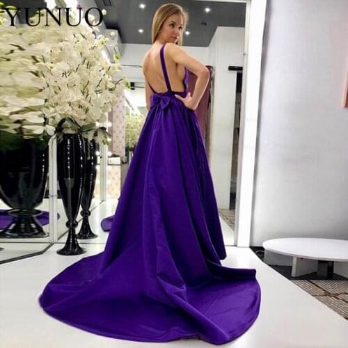 Purple A Line Evening Dresses V-Neck Sleeveless Long Train Backless Bow Satin 2019 New Formal Evening Party Gown Custom Made