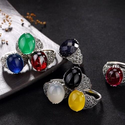 2018 Hot Sale S925 Pure Silver Garnet Blue And Red Corundum Agate Upscale Female Ring Wholesale White Chrysoprase Openings