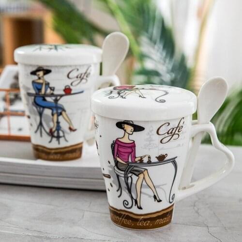 Creative Beauty Pattern Ceramic Coffee Mug Heart-shaped Handle Coffee Cup Milk Cup Tea Cup Tumbler Mugs With Lid With Spoon Set