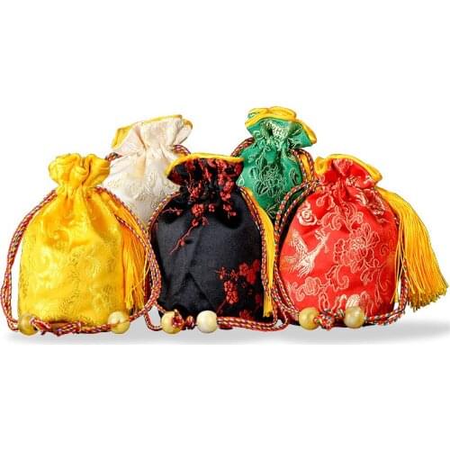 Latest Tassel Round Bottom Small Cloth Bag Jewelry Pouch Drawstring Chinese Silk Brocade Pouch High End Gift Bag with lined 1pcs