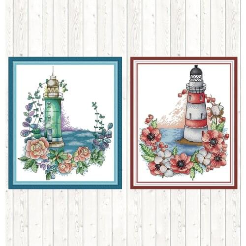 Poppy Lighthouse Cross-stitch Embroidery Kit Landscape Painting Aida 14ct DIY for Needlework Crafts 11ct Counted Printed Canvas