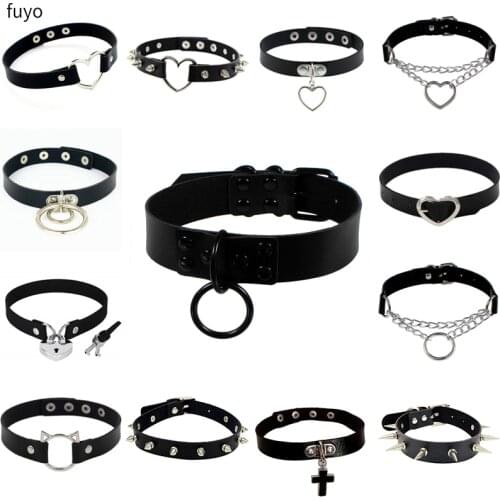New Punk Gothic Stud Necklace Sexy PU Leather Heart Round Spike Collar Choker Necklace Body Accessories Stainless Steel Jewelry
