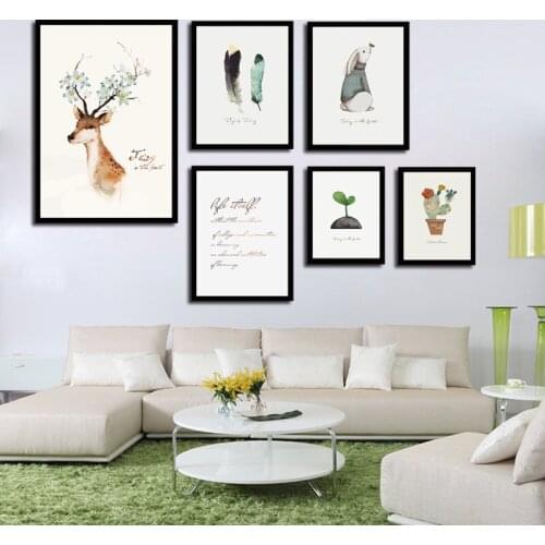 Nordic Style Deer Feather Rabbit Poster HD Canvas Print Wall Art Canvas Painting Letter Cactus Picture Home Decor free shipping