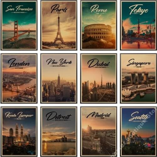 World Travel Posters New York Tokyo London New York Paris Landscape Kraft Paper Print Decoration Picture Home Bar Cafe Decor