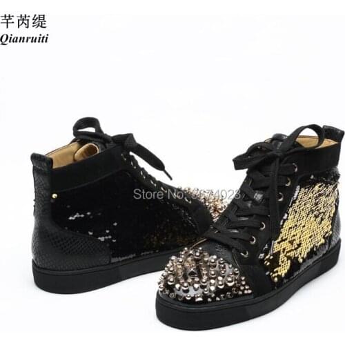 Qianruiti Fashion Men Casual Shoes Sequined Cloth Sneakers Platform Flats Shoes High Top Glitter Sneakers Rivet Studs Shoes