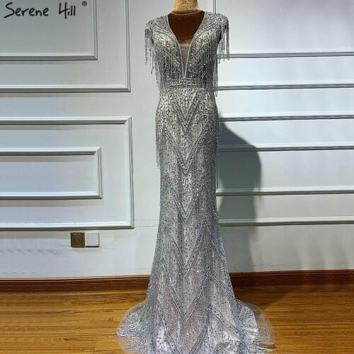 Silver Beading Tassel V-Neck Luxury Evening Dresses 2020 Latest Design Sleeveless Mermaid Evening Gowns Serene Hill BLA60830