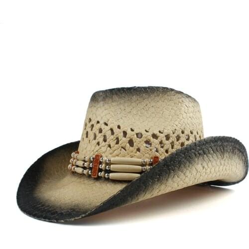 Women Men Straw Hollow Western Cowboy Hat Lady Roll Up Brim Sombrero Hombre Beach Cowgirl Jazz Sun Hat Size 56-58CM