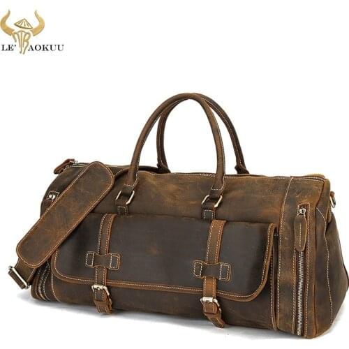 Crazy Horse Leather Male Larger Capacity Vintage Design Handbag Duffle Gym Luggage Bag Travel Suitcase Tote Bag For Men 1336