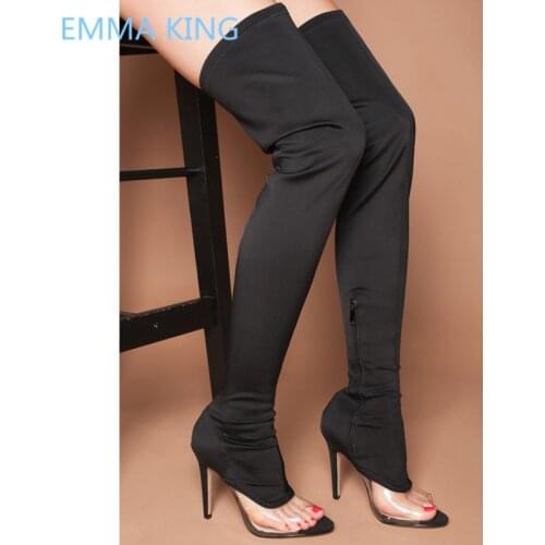 2019 New Black Stretch Women Over The Knee Socks Boots PVC Clear Open Toe Sexy High Heels Shoes Woman Thigh High Gladiator Boots