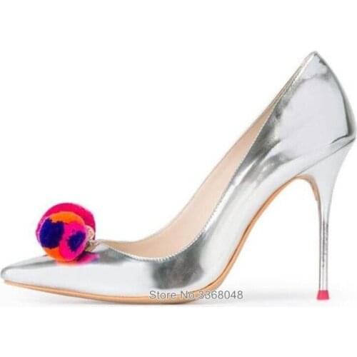 2019 New Metallic Sliver Red Pom Pom Decor Heeled Lady Pumps Shallow Pointed Toe Woman Shallow Wedding High Heels Dress Shoes