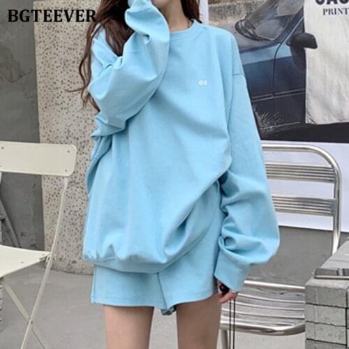 BGTEEVER Casual Loose Women Tracksuits O-neck Letter Printed Sweatshirts & Loose Shorts 2021 Summer Autumn Ladies 2 Pieces Set
