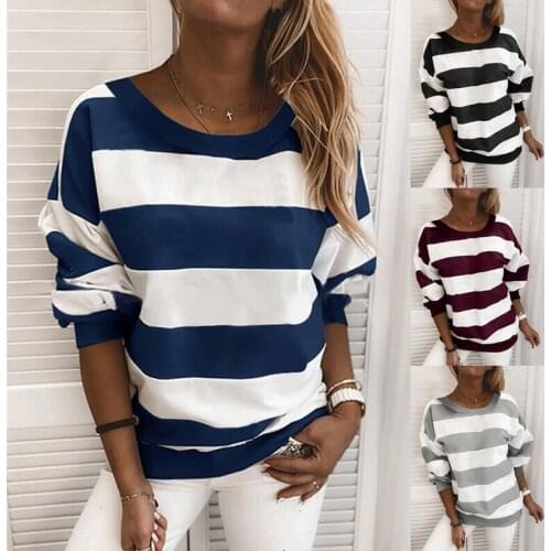Women Horizontal Stripes Pullover Long Sleeve Round Neck T-shirt Autumn and Winter Loose Sweater Womens Clothes Summer T-shirt